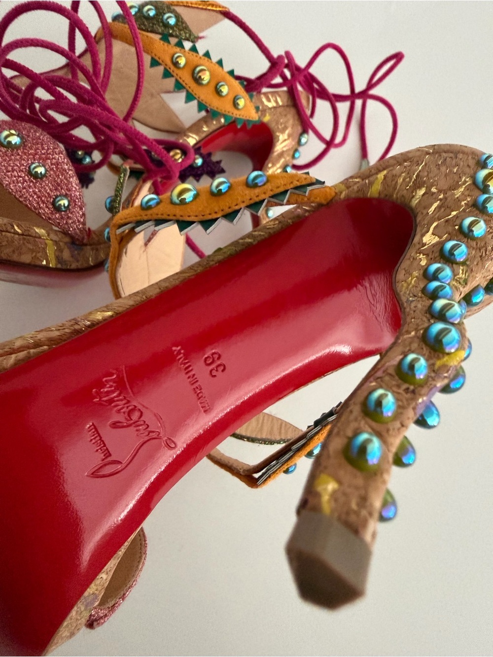 Women's Embellished Lace-Up Sandals - Pink & Teal - Picture 4 of 5